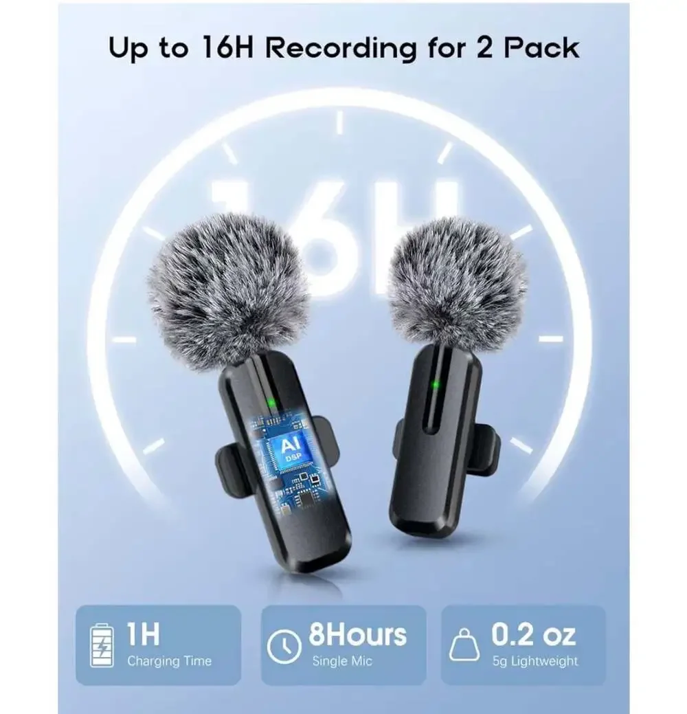 2-Pack Wireless Lavalier Mic with AI Noise Cancellation and Lightning/USB-C Adap